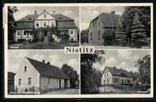 AK Nistitz, Hanisch`s Geschäft, Försterei, Schule und Schloss