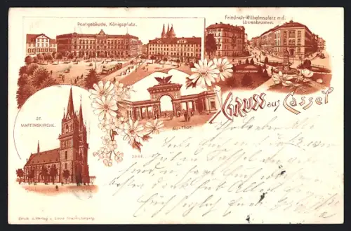 Lithographie Kassel, Postgebäude am Königsplatz, Friedrich-Wilhelmsplatz mit Löwenbrunnen