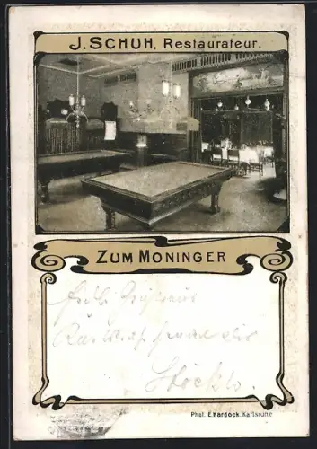 AK Karlsruhe, Restaurant Zum Moninger, J. Schuh