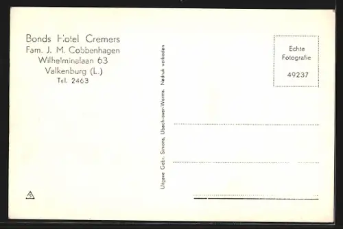 AK Valkenburg /L., Bonds Hotel Cremers, Fam. J. M. Coppenhagen, Wilhelminalaan 63