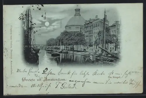 Mondschein-AK Amsterdam, Uferpartie mit Booten