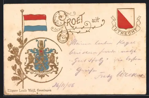 Lithographie Utrecht, Stadtwappen mit Fahne