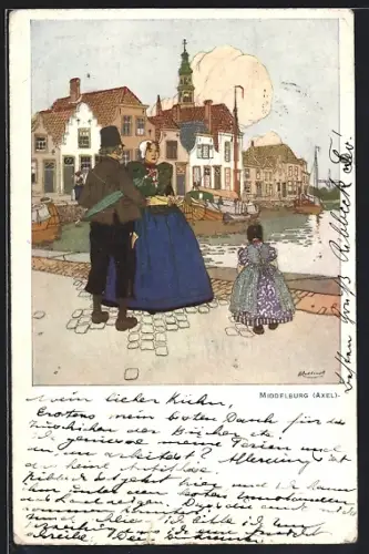 Künstler-AK Middelburg /Axel, Familie aan de Haven