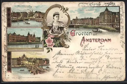 Lithographie Amsterdam, Waterlooplein, Central Station, Hooge Sluis, Damrak