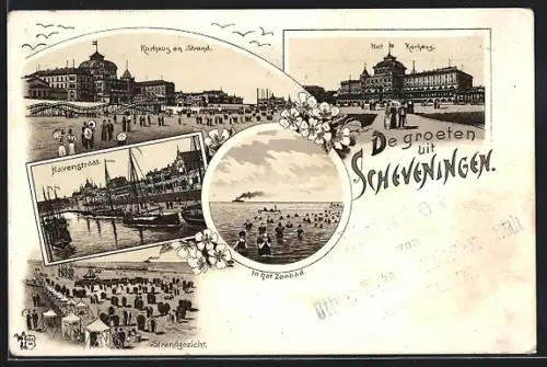 Lithographie Scheveningen, Kurhaus en Strand, Havenstraat, Strandgezicht