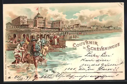 Lithographie Schéveningue, Kinder spielen am Strand