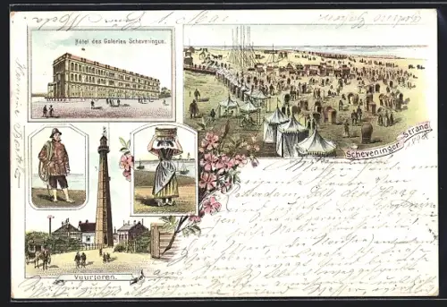 Lithographie Scheveningen, Hotel des Galeries, Vuurtoren, Scheveningen Strand