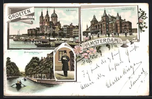 Lithographie Amsterdam, St. Nicolaaskerk, Stads-Schouwburg, Aanspreker