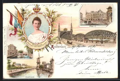 Lithographie Rotterdam, Wilhelmina Koningin der Nederlanden, Maasbrug, Coolvest