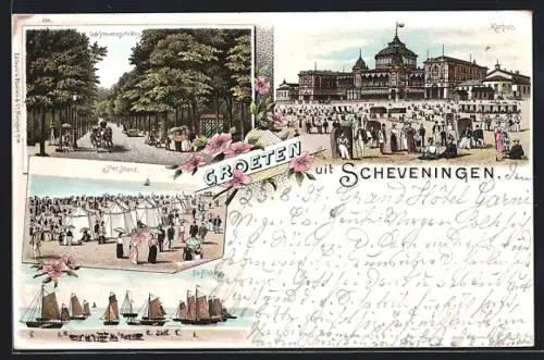 Lithographie Scheveningen, Kurhuis, Oude Scheveningsche Weg, het Strand