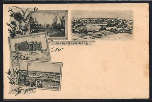 AK Schiermonnikoog, Leuchtturm, Villental, Badeszene