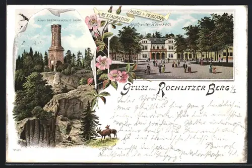 Lithographie Rochlitzer Berg, Hotel Restaurant Geschwister Haberkorn und König Friedrich August Thurm