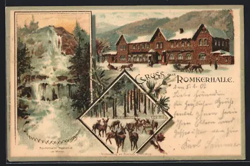 Winter-Lithographie Oker, Gasthaus zur Romkerhalle, Wasserfall