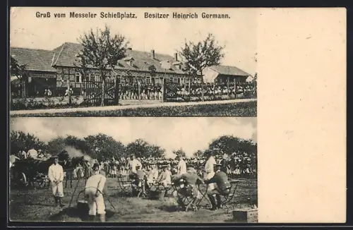 AK Messel, Gasthaus zum Messler Schiessplatz v. H. Germann, Soldaten auf dem Schiessplatz
