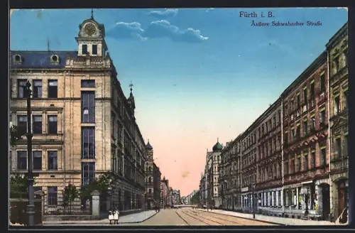 AK Fürth i. B., Äussere Schwabacher Strasse im Abendlicht