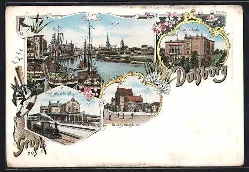 Lithographie Duisburg, Hafen, Central-Bahnhof, Realgymnasium und Töchterschule