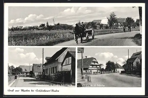 AK Marlen bei Goldscheuer, Gemischtwarengeschäft von Paula Schütterle, Schule, Strassenpartie mit Pferdewagen
