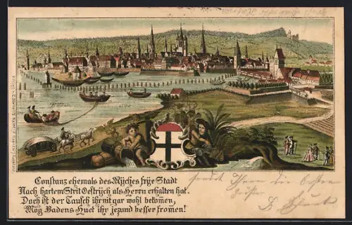 Lithographie Konstanz, Ortspanorama mit Bodensee