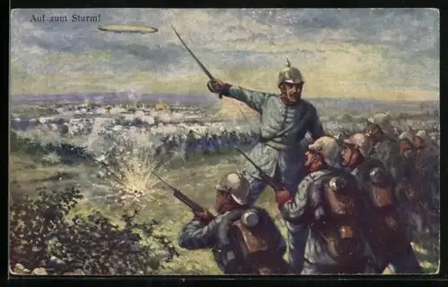 AK Lüttich, Soldaten bei der Erstürmung der Stadt unter Führung von General Emmich, Zeppelin