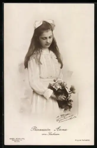 AK Prinzessin Anna von Sachsen im weissen Kleid mit Rosenstrauss