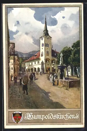 Künstler-AK Gumpoldskirchen, am Brunnen vor der Kirche, Deutscher Schulverein