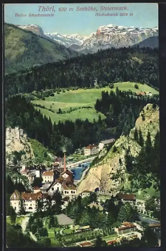 AK Thörl / Steiermark, Ortsansicht mit Ruine Schachenstein und Hochschwab