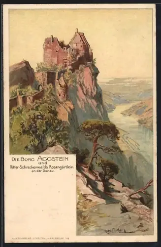 Künstler-AK Schönbühel, Burg Aggstein und Ritter Schreckenwalds Rosengärtlein