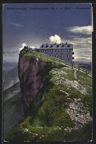AK Schafberg, Salzkammergut, Schafbergspitze und Hotel in einer Mondnacht