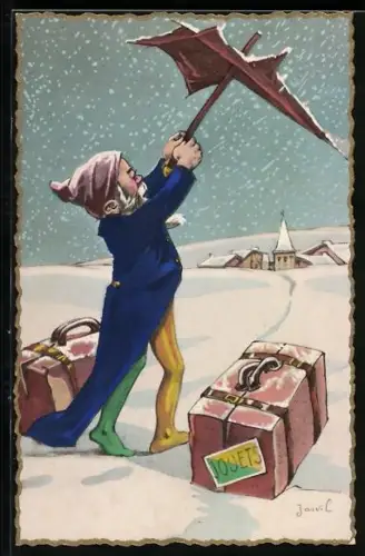 Künstler-AK Zwerg mit einer Regenschirm im Schnee