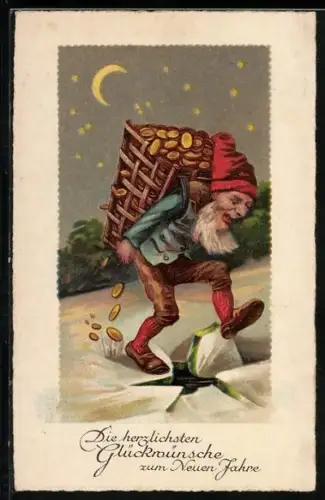 Künstler-AK Zwerg trägt einer Korb voller Gold durch den Schnee
