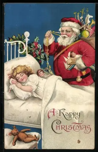 Künstler-AK Weihnachtsmann mit Geschenken bei Mädchen am Bett
