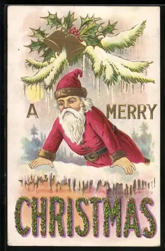Künstler-AK A Merry Christmas, Weihnachtsmann lehnt sich über eine verschneite Mauer