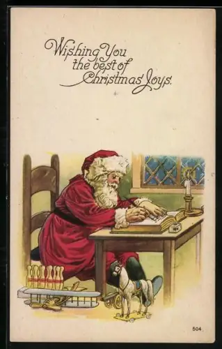 Künstler-AK Weihnachtsmann sitzt an einem Tisch und schreibt in sein Buch