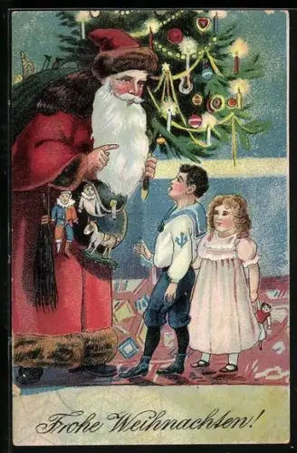 Präge-AK Kinder stehen vor dem Weihnachtsmann, Puppe, Spielzeug