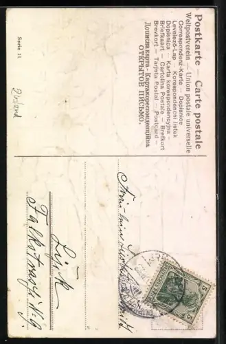 Präge-AK Kinder stehen vor dem Weihnachtsmann, Puppe, Spielzeug