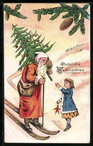 Künstler-AK Weihnachtsmann auf Skiern mit kleinem Mädchen