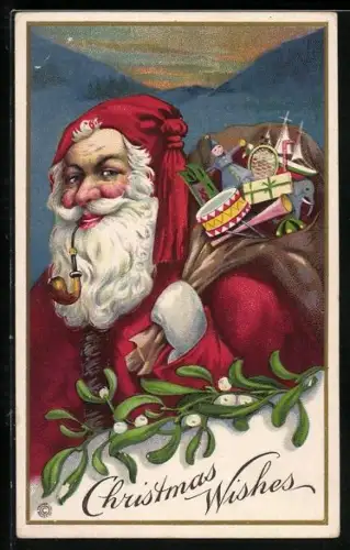 Künstler-AK Weihnachtsmann mit Geschenkesack, Christmas Wishes