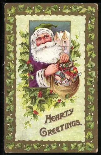 Präge-AK Weihnachtsmann bringt einen Sack voller Geschenke, Hearty Greetings