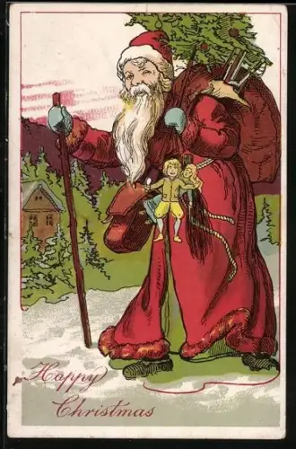 Künstler-AK Weihnachtsmann mit Geschenken im Schnee, Happy Christmas