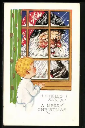 Künstler-AK Junge erblickt den Weihnachtsmann am Fenster, A merry Christmas