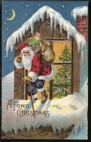 Künstler-AK A Fond Christmas, Weihnachtsmann klettert aus Fenster