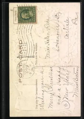 Präge-AK Weihnachtsmann hängt eine Kugel auf, On this glad day may joy abide with you from morn til eventide