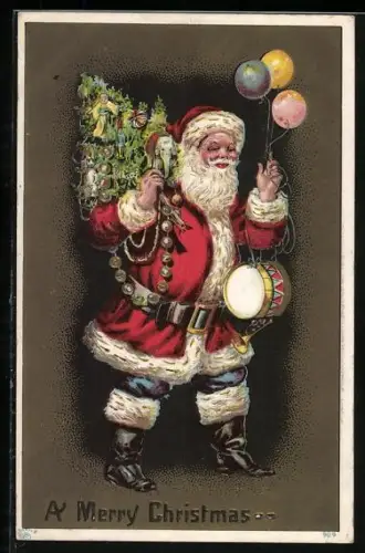 Präge-AK Weihnachtsmann mit kleinem Weihnachtsbaum, Trommel und Ballons, A Merry Christmas