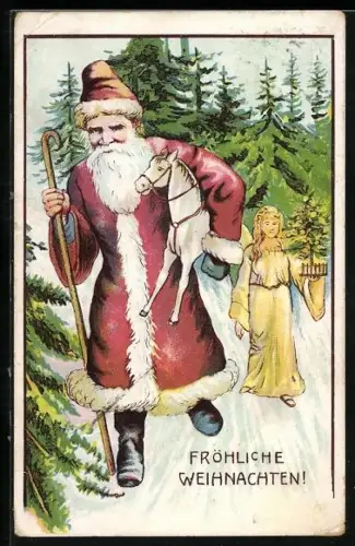 Künstler-AK Weihnachtsmann und Engel im Schnee, Fröhliche Weihnachten