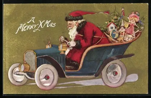 Künstler-AK Weihnachtsmann rast im Auto zur Bescherung