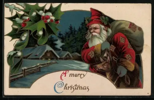 Künstler-AK Weihnachtsmann mit Reh im verschneiten Dorf, Stechpalmenzweig