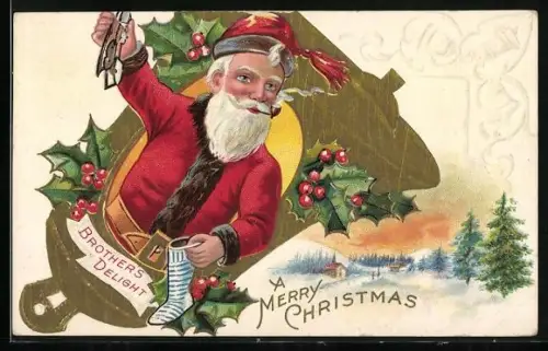 Künstler-AK Weihnachtsmann füllt einen Strumpf mit Geschenken, Schneelandschaft