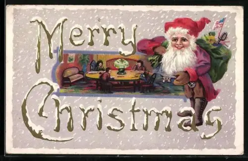 Künstler-AK Weihnachtsmann mit Geschenken, Familie sitzt um einen grossen Tisch herum