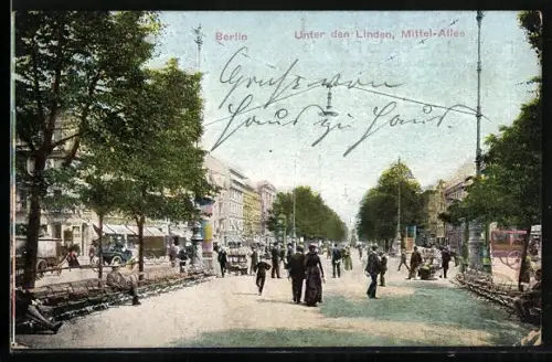 AK Berlin, Unter den Linden und Mittel-Allee mit Litfasssäule