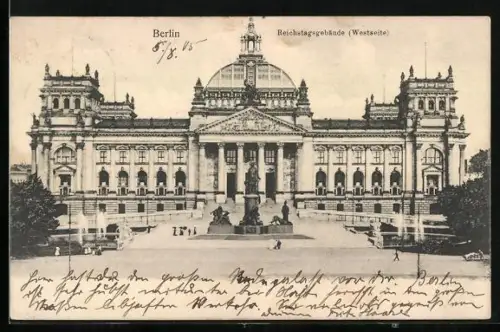 AK Berlin-Tiergarten, Reichstagsgebäude mit Denkmal, Westseite